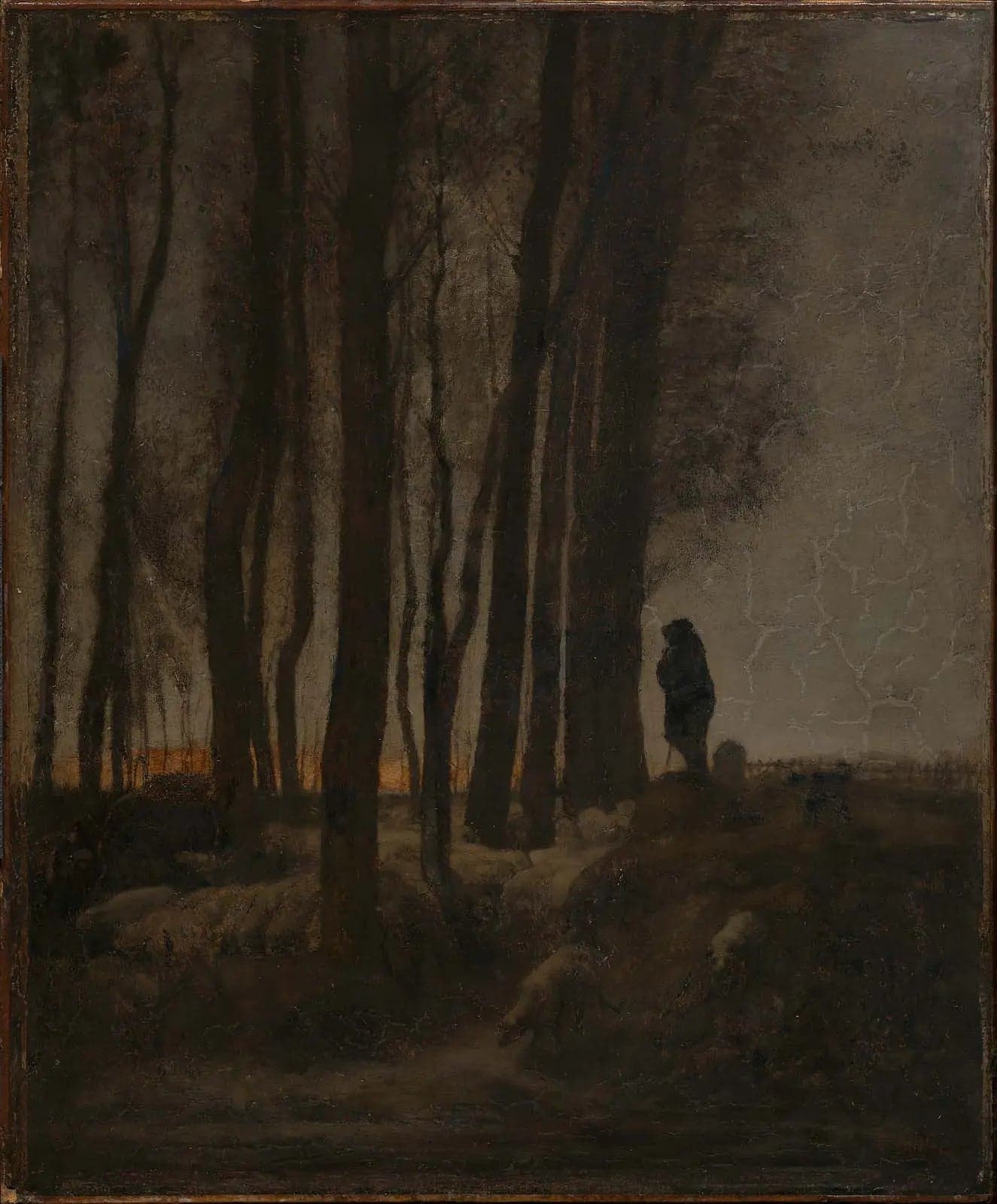 Berger et troupeau à la lisière de la forêt, le soir - Jean