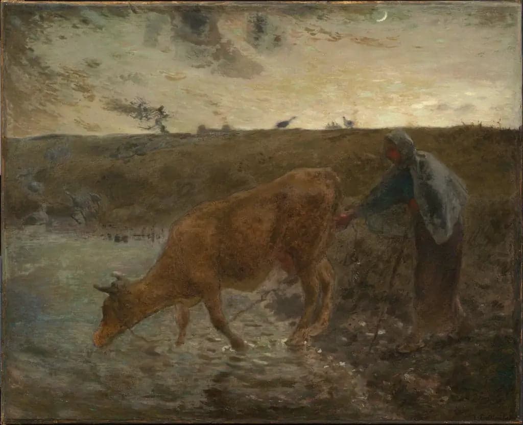 Peasant watering her cow, evening - Jean