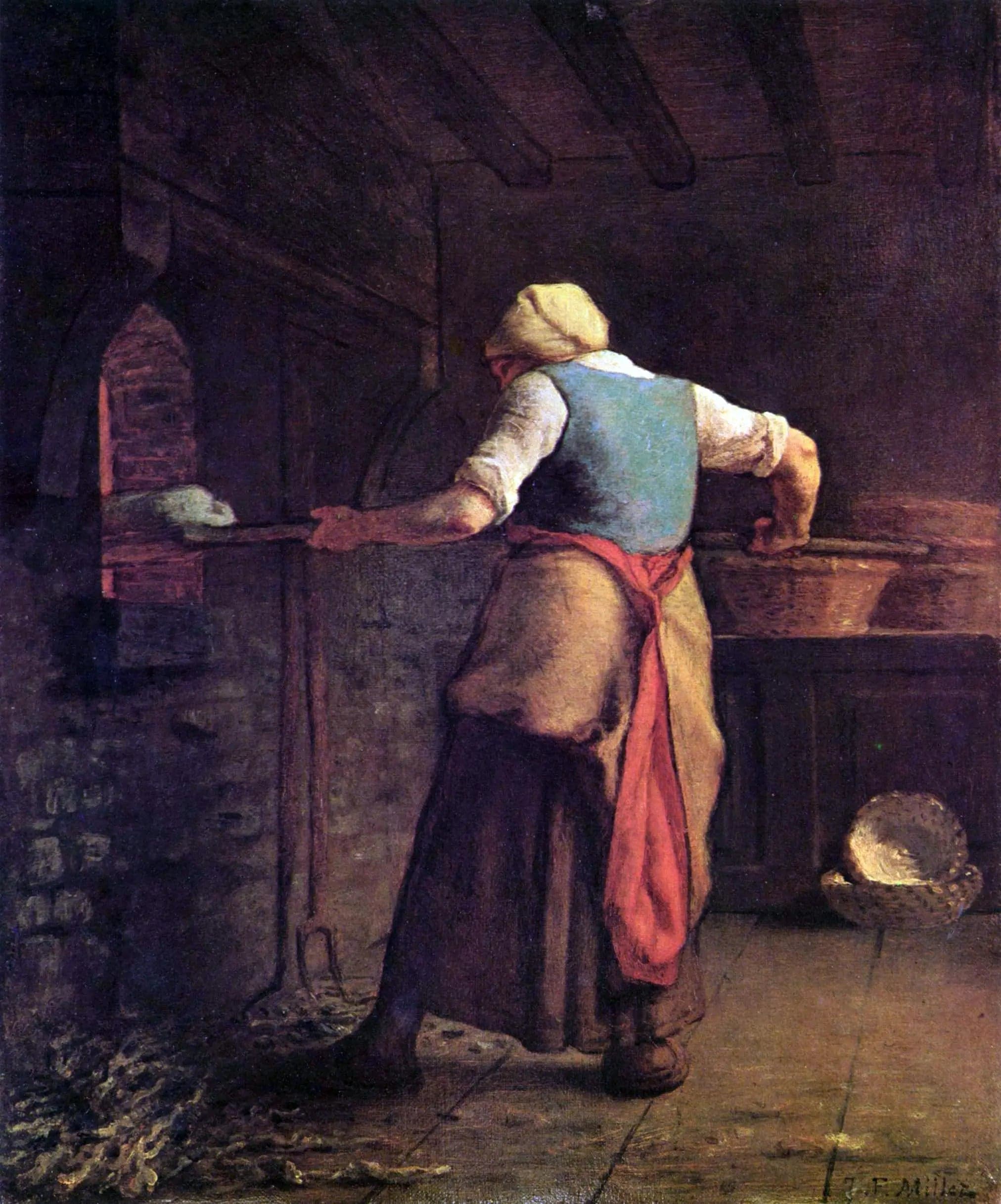 Peasant woman putting bread in the oven - Jean