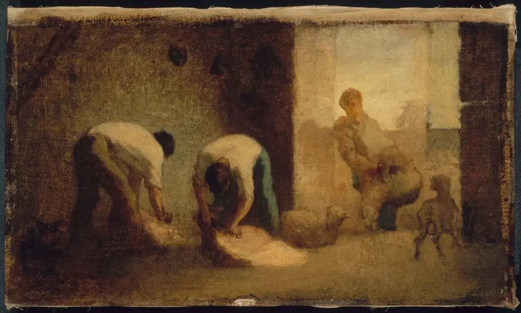 Three men shearing sheep in a barn - Jean
