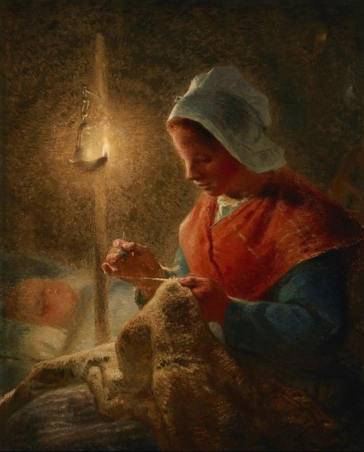Woman sewing by lamplight - Jean