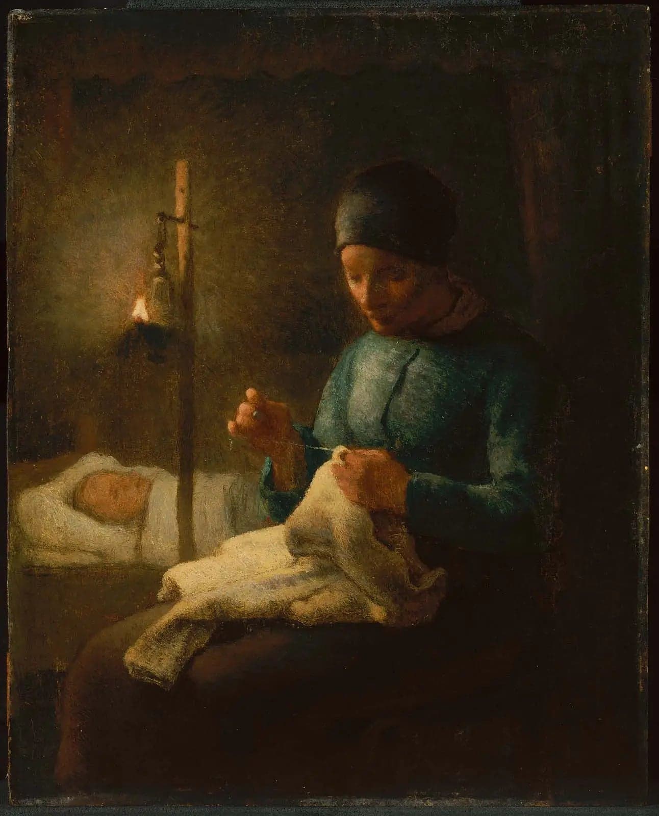 Woman sewing next to her sleeping child - Jean