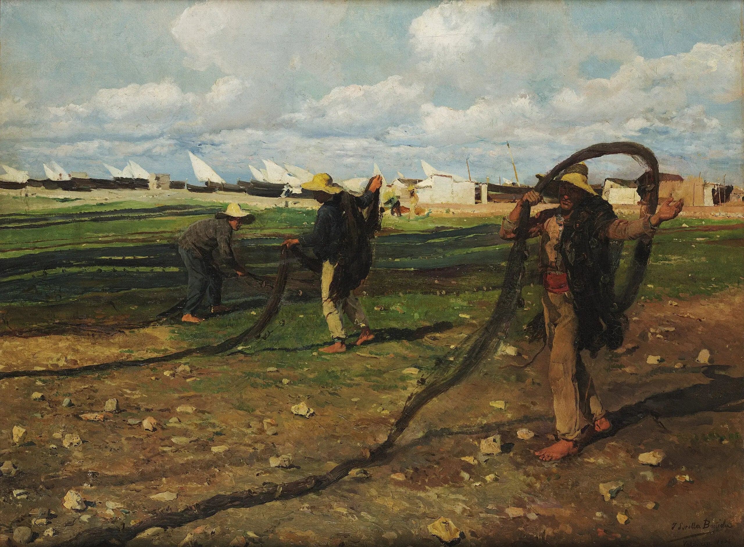 The fishermen gather their nets