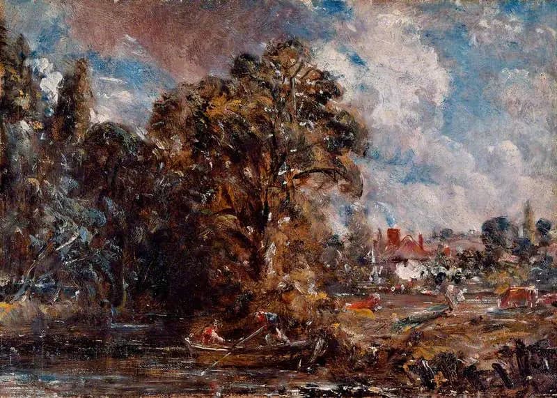 A river scene with a farm by the water's edge