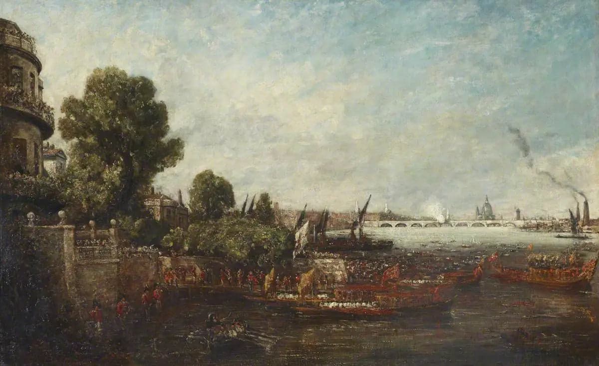 Embarkation of George IV from Whitehall: the opening of Waterloo Bridge, 1817