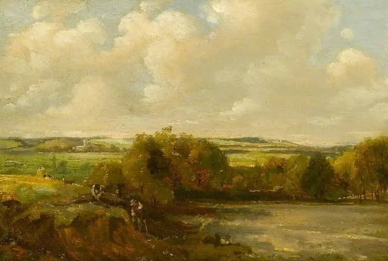 River landscape with workers digging