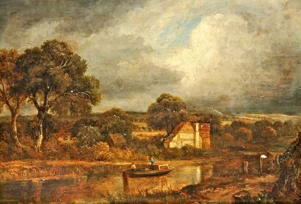 River scene with a barge and chalets