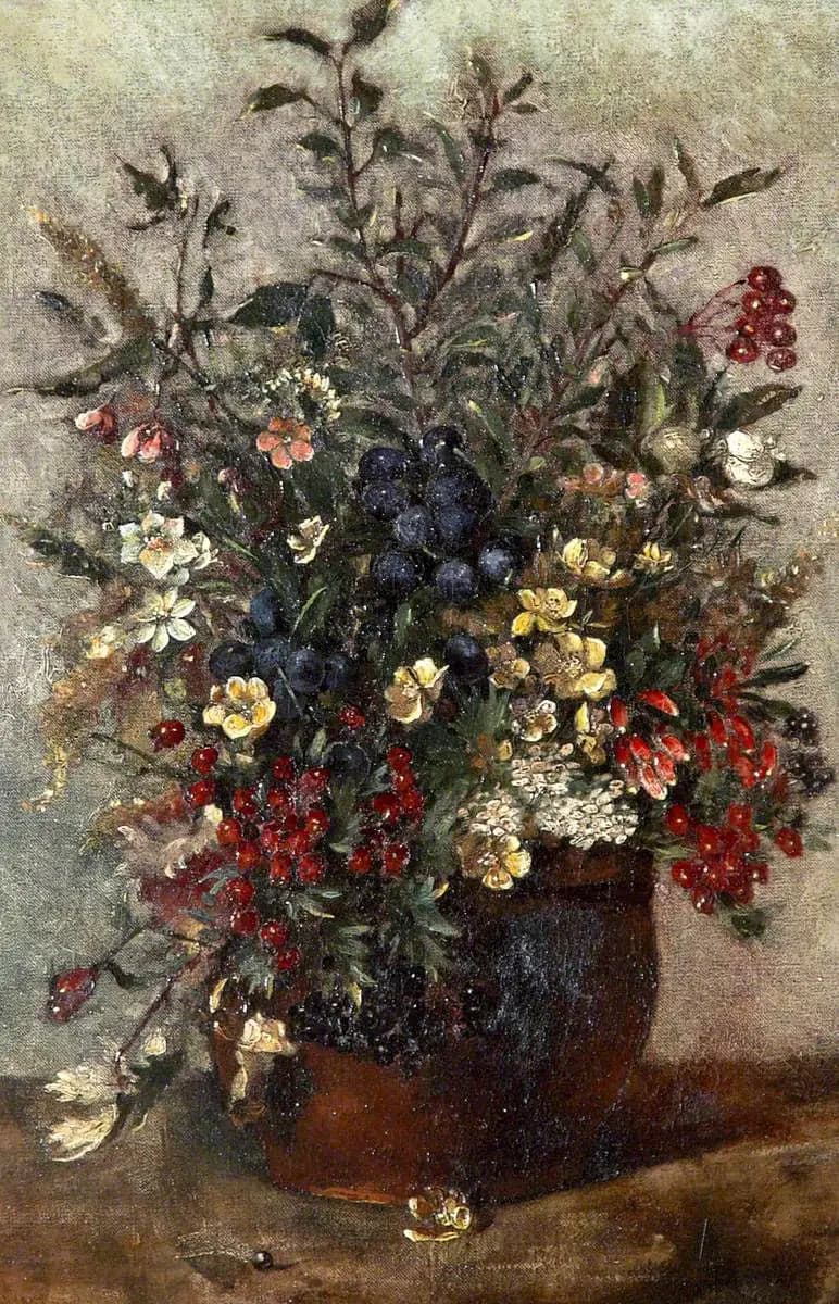 Wildflowers and berries in a brown pot