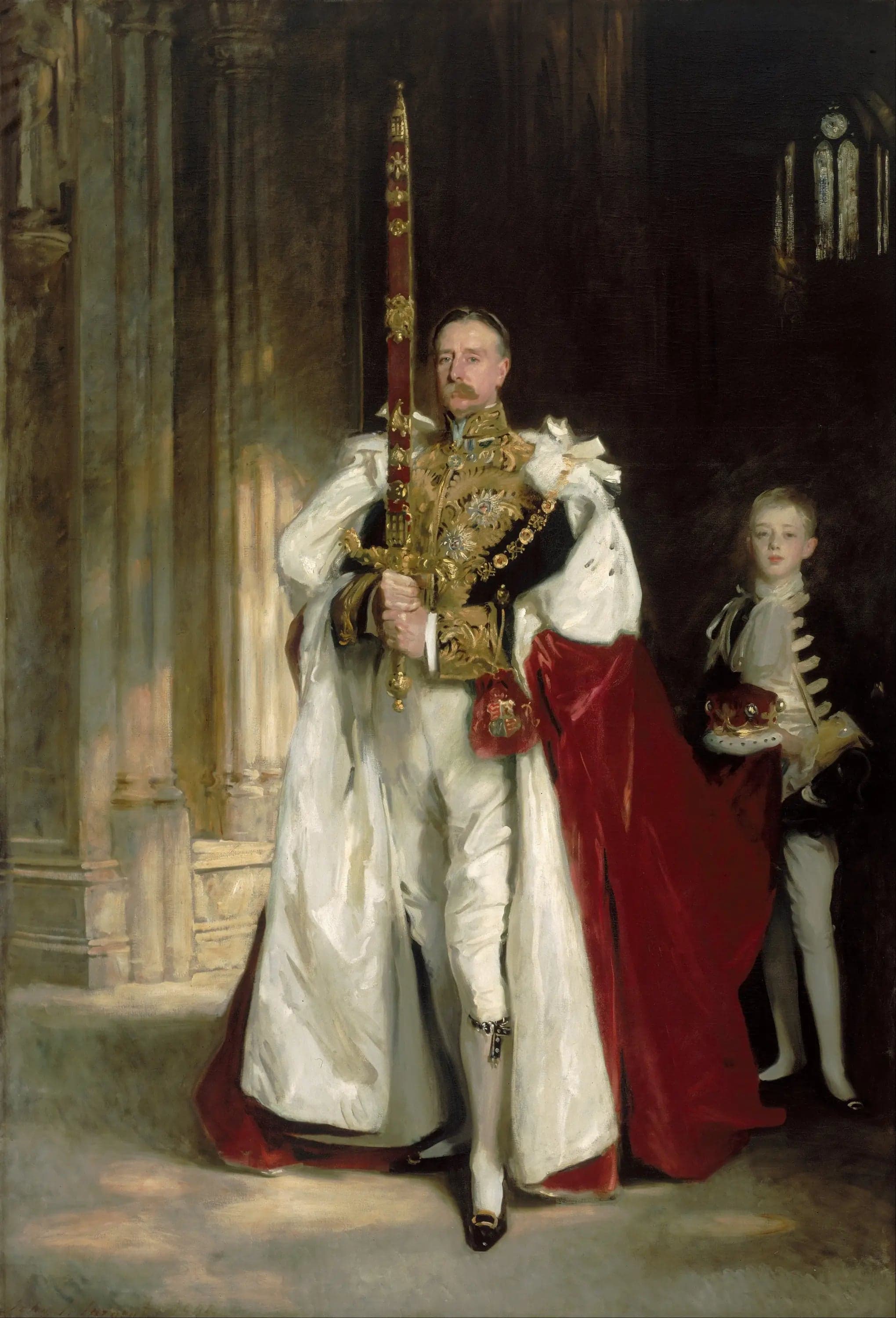 Charles Stewart, sixth marquis of Londonderry, wearing the great sword of state during the coronation of King Edward VII, in August 1902, and Mr. W. C. Beaumont, his page on that occasion