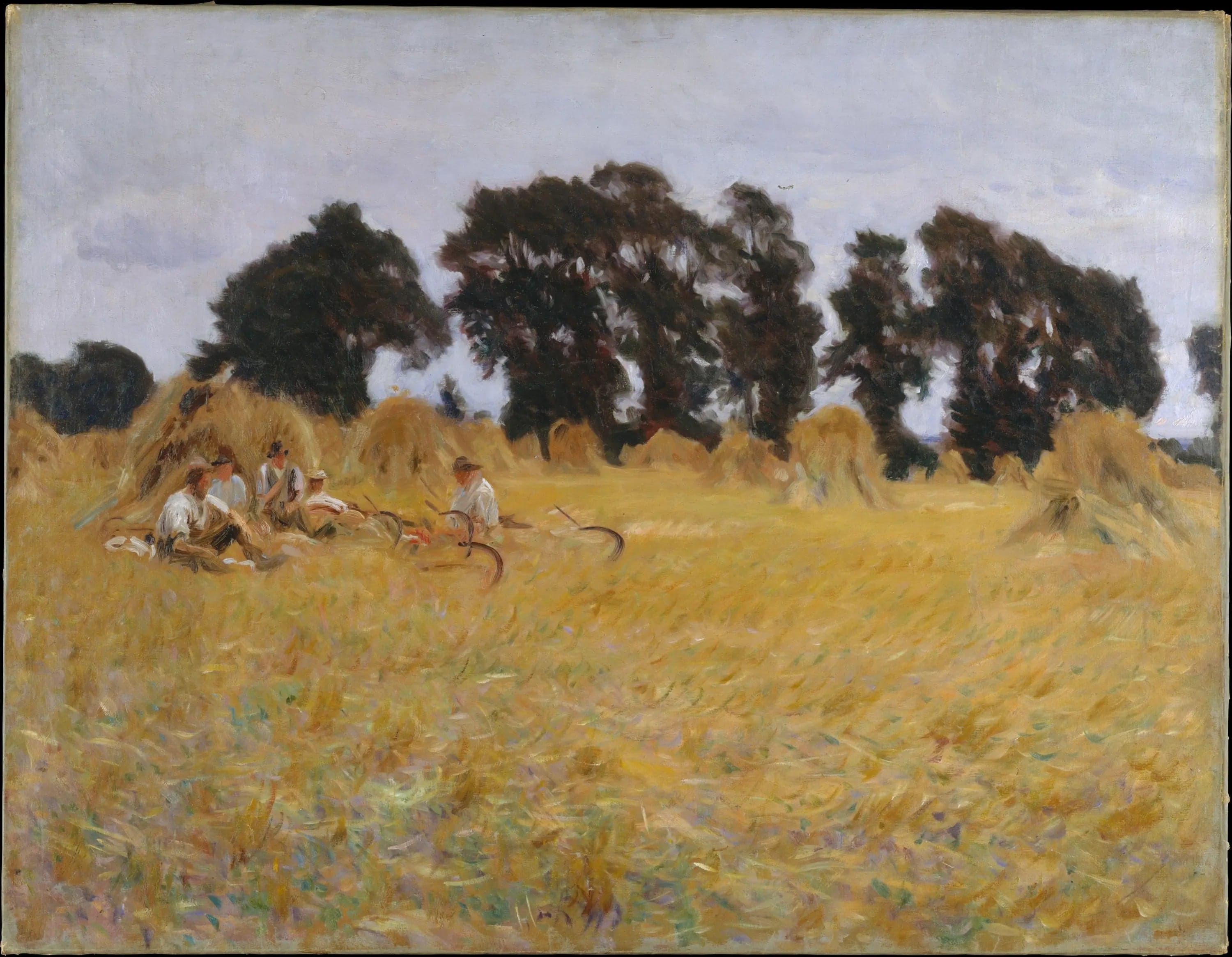 Harvesters resting in a wheat field