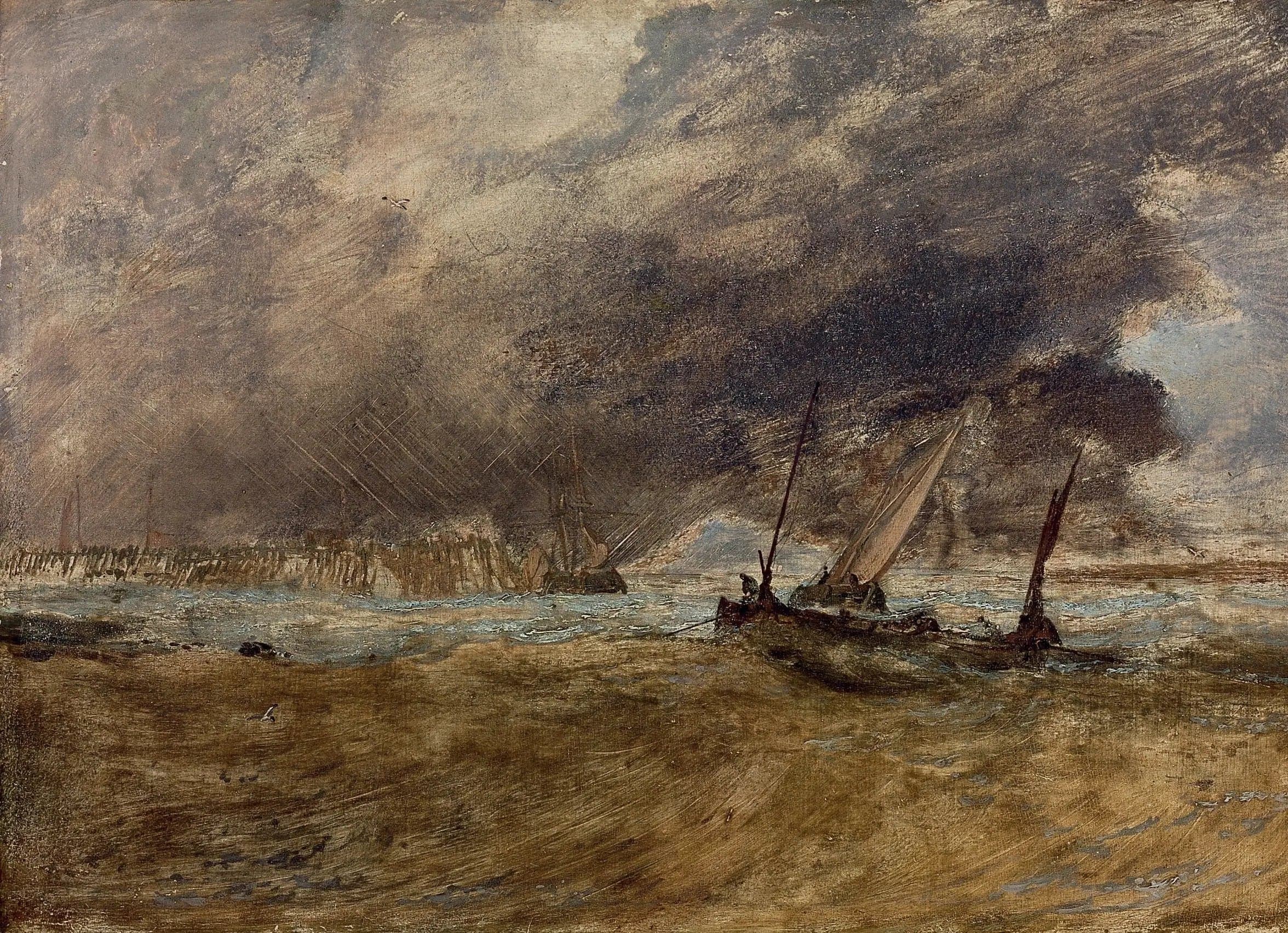 Seascape with fishing boats off a wooden pier, a gale coming in