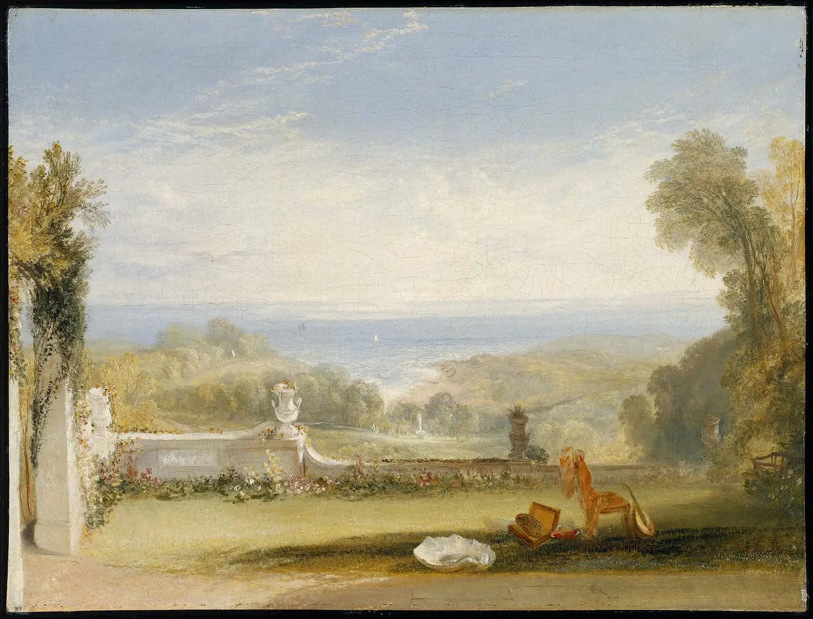 Vue depuis la terrasse d'une villa à Niton, Isle of Wight, d'après des croquis d'une dame