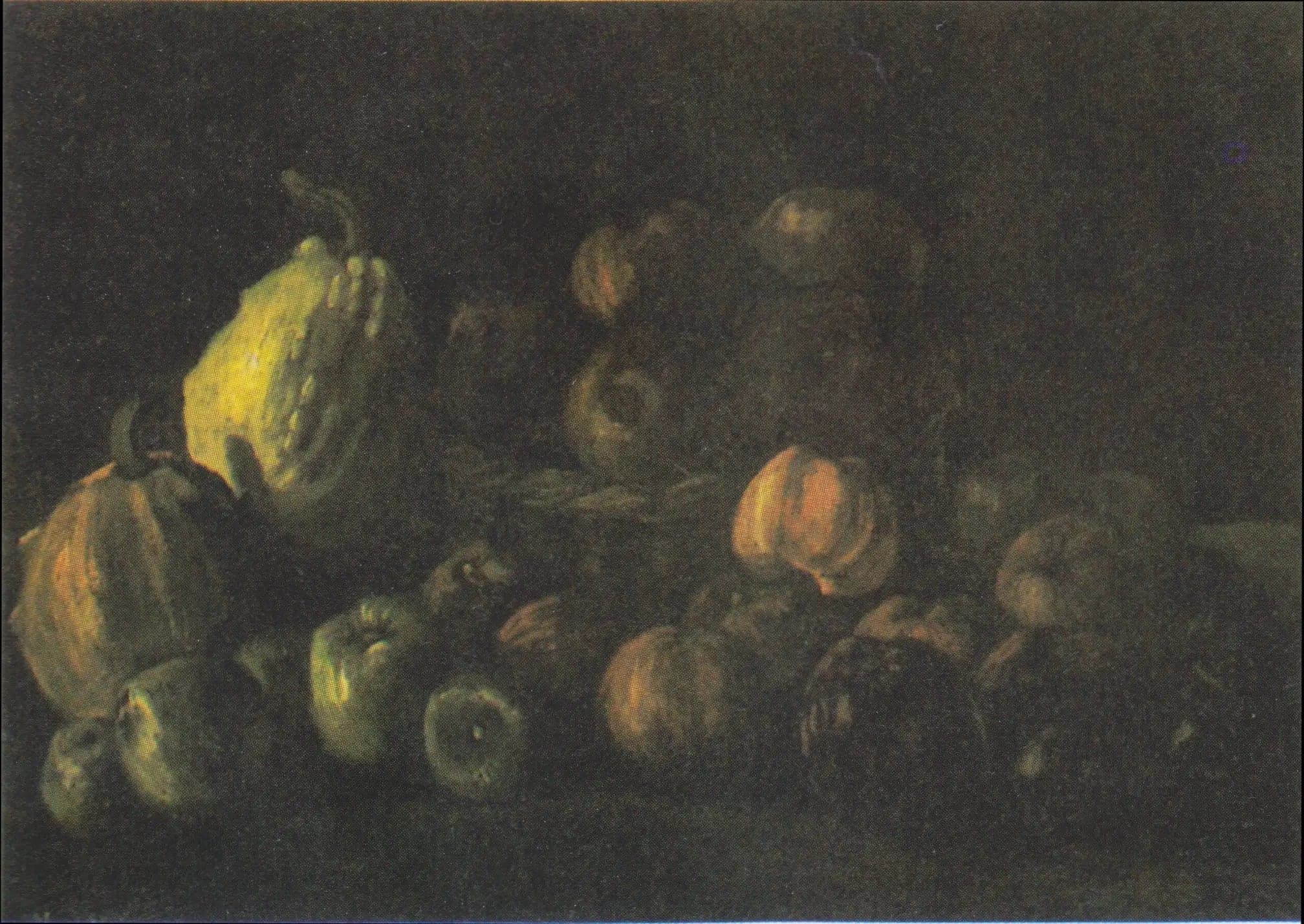 Still life with a basket of apples and two pumpkins
