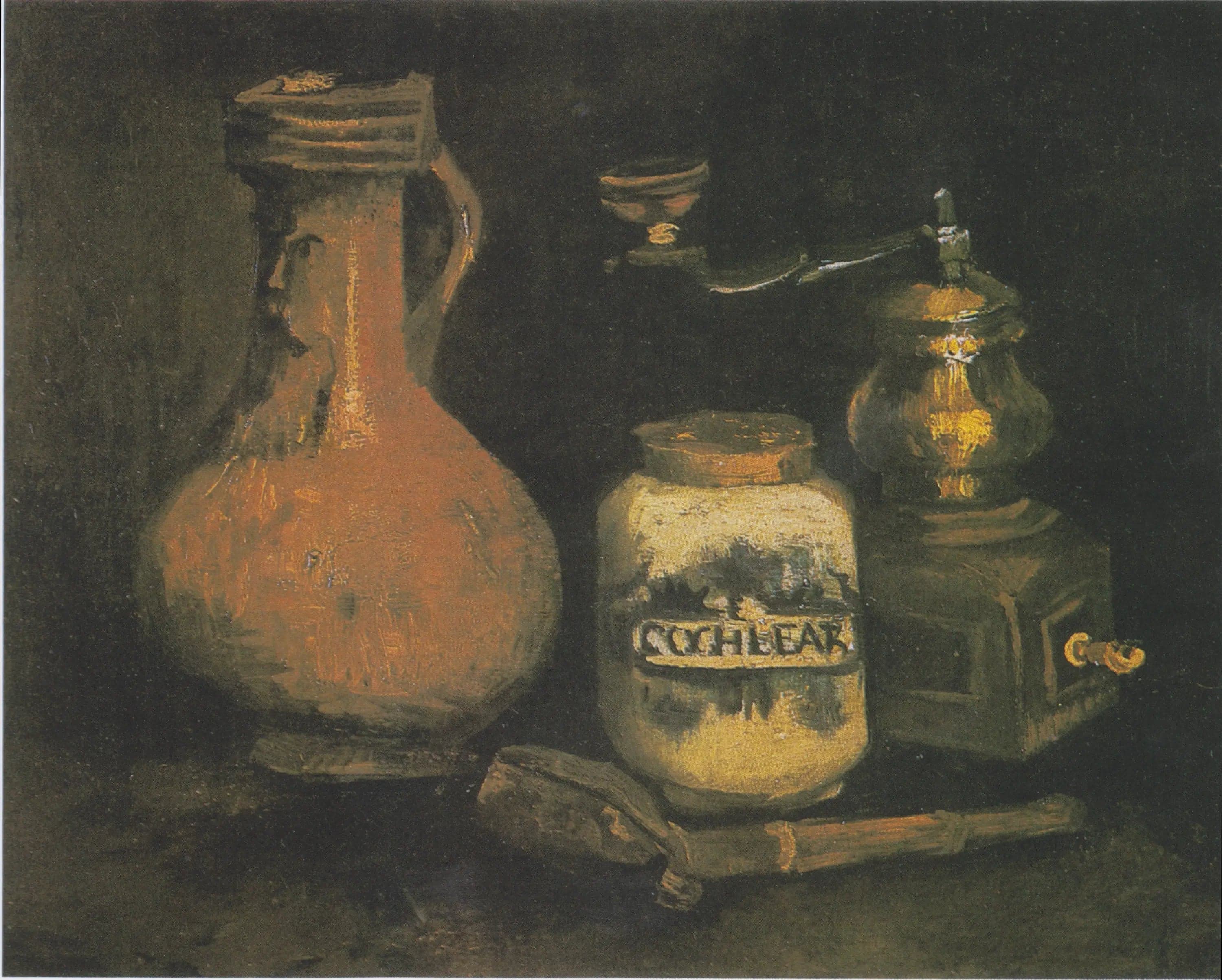 Still life with a jar depicting a bearded man