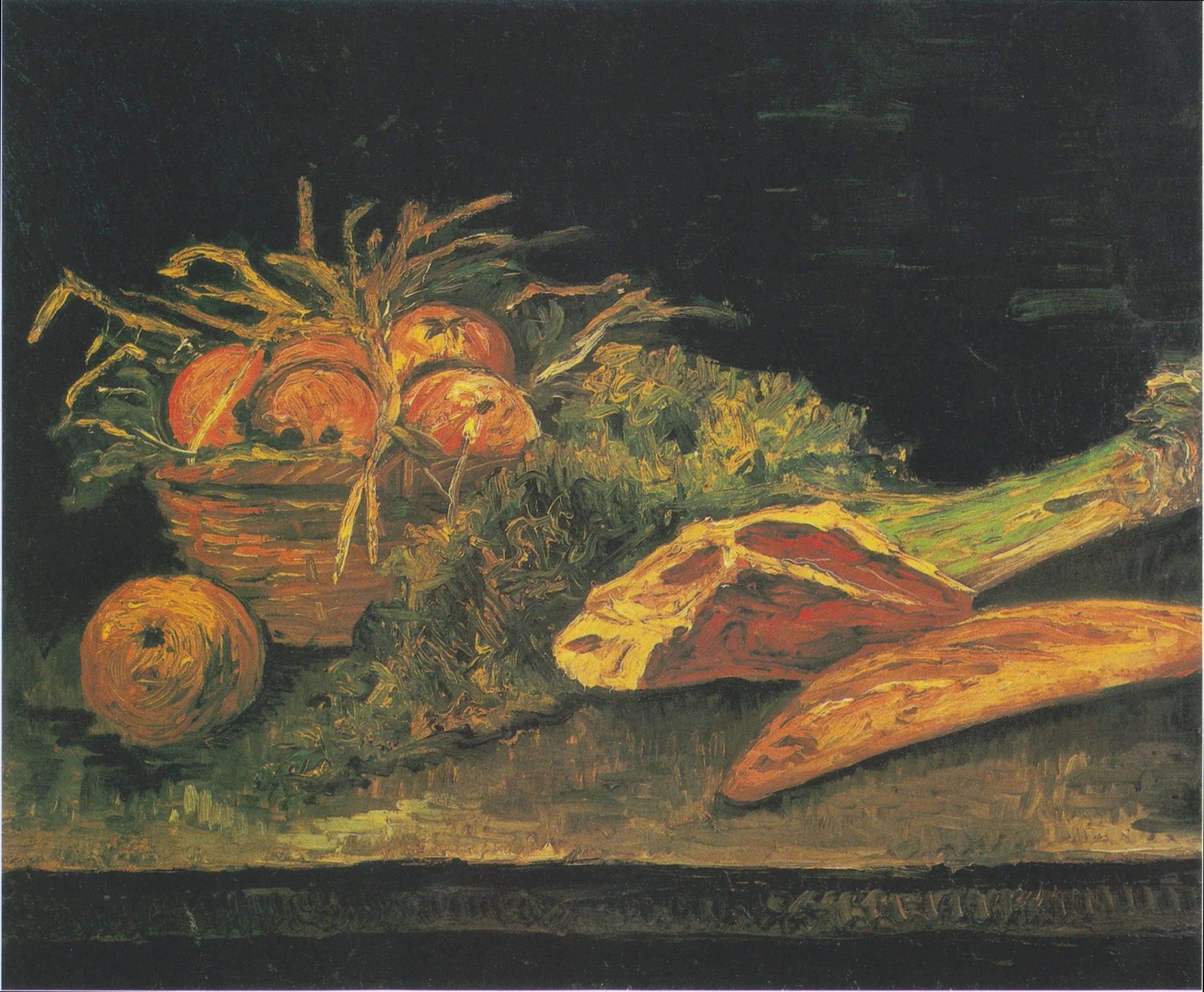 Still life with basket of apples, meat, and rolls