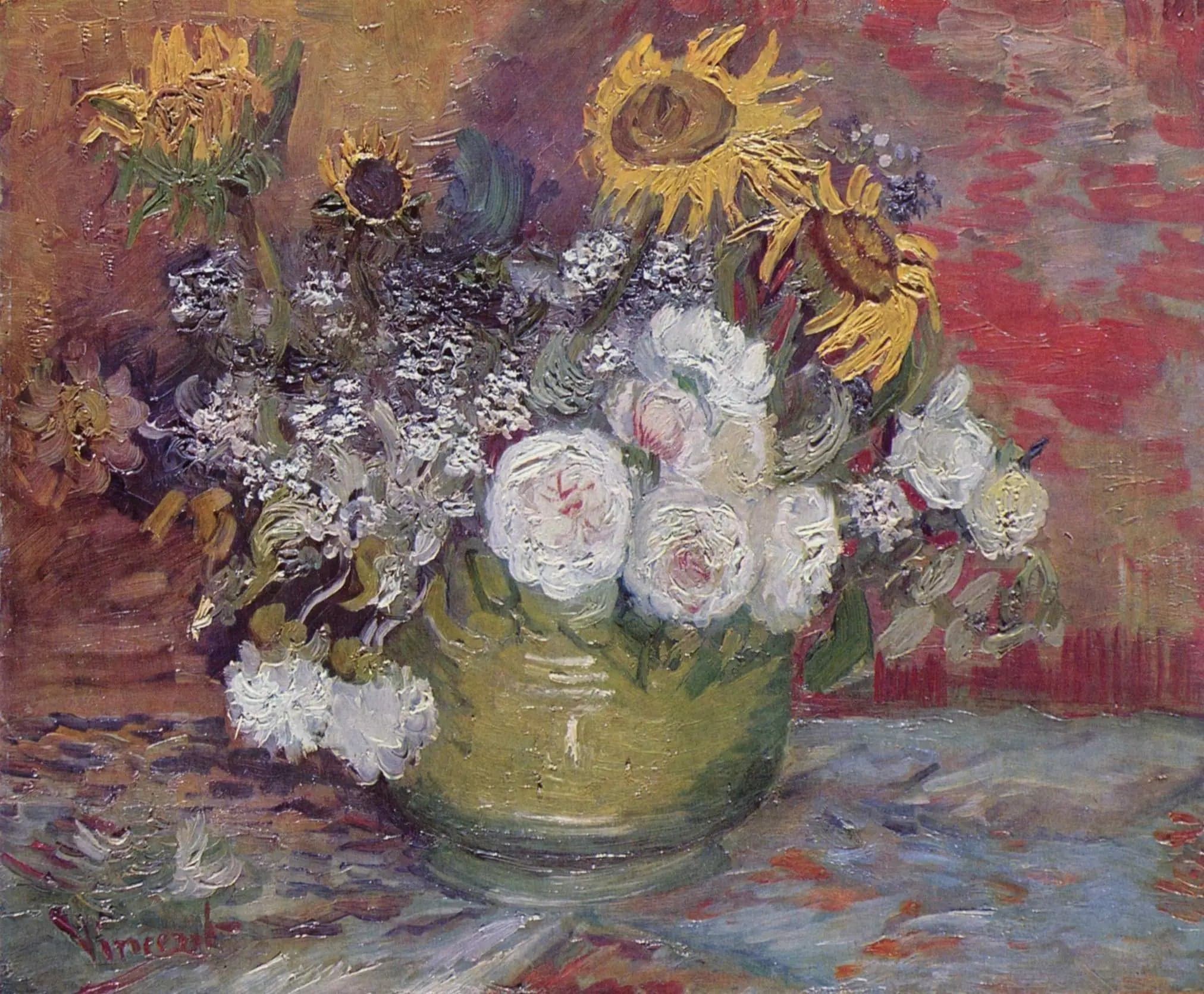 Bowl with sunflowers, roses, and other flowers