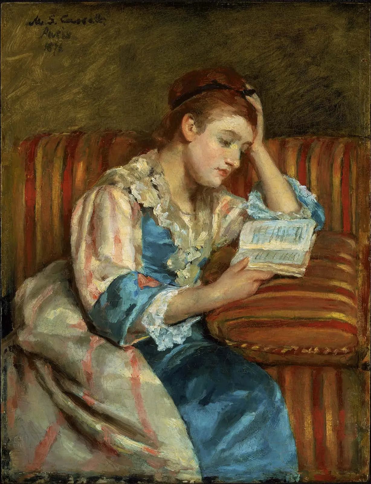 Mrs. Duffee Sitting on a Striped Sofa, Reading