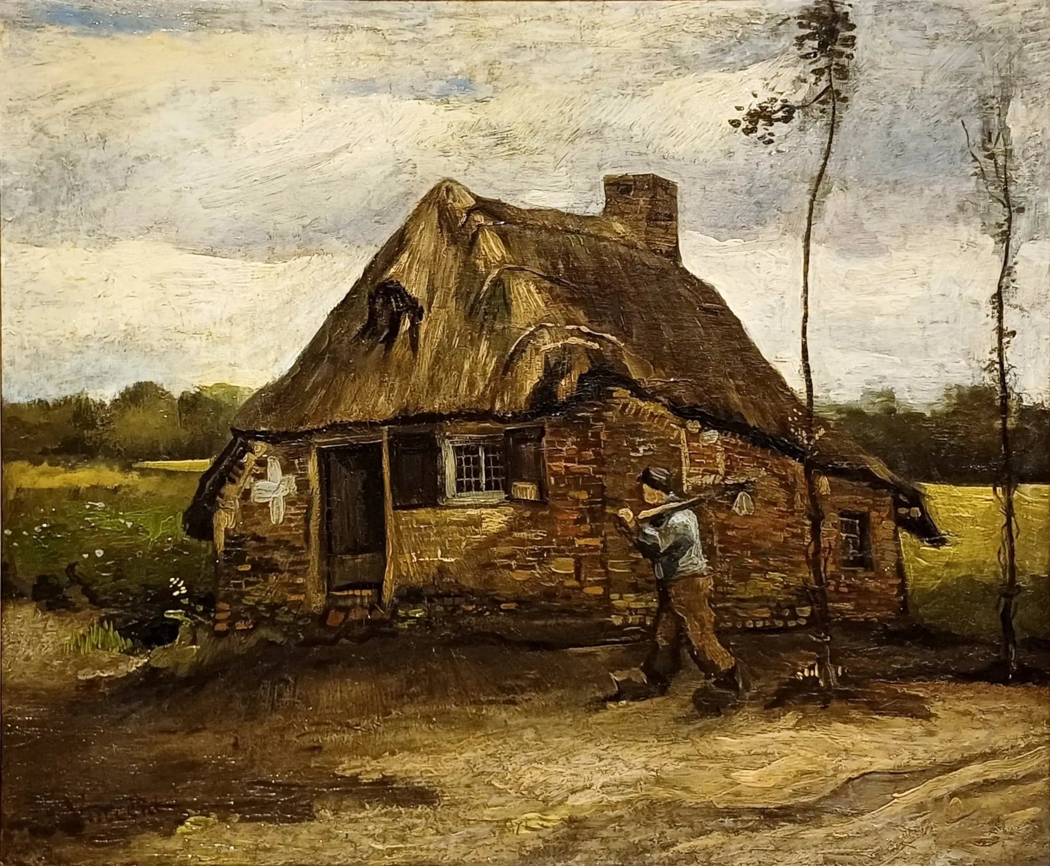 Scene of a cottage with a peasant returning home