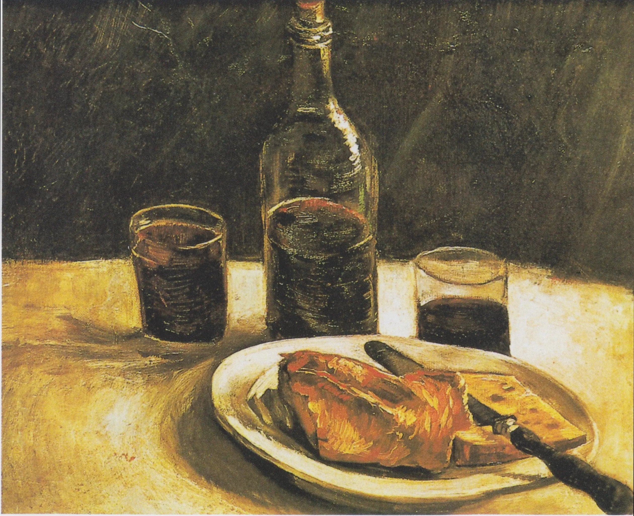 Still Life with Bottle, Two Glasses, Cheese, and Bread