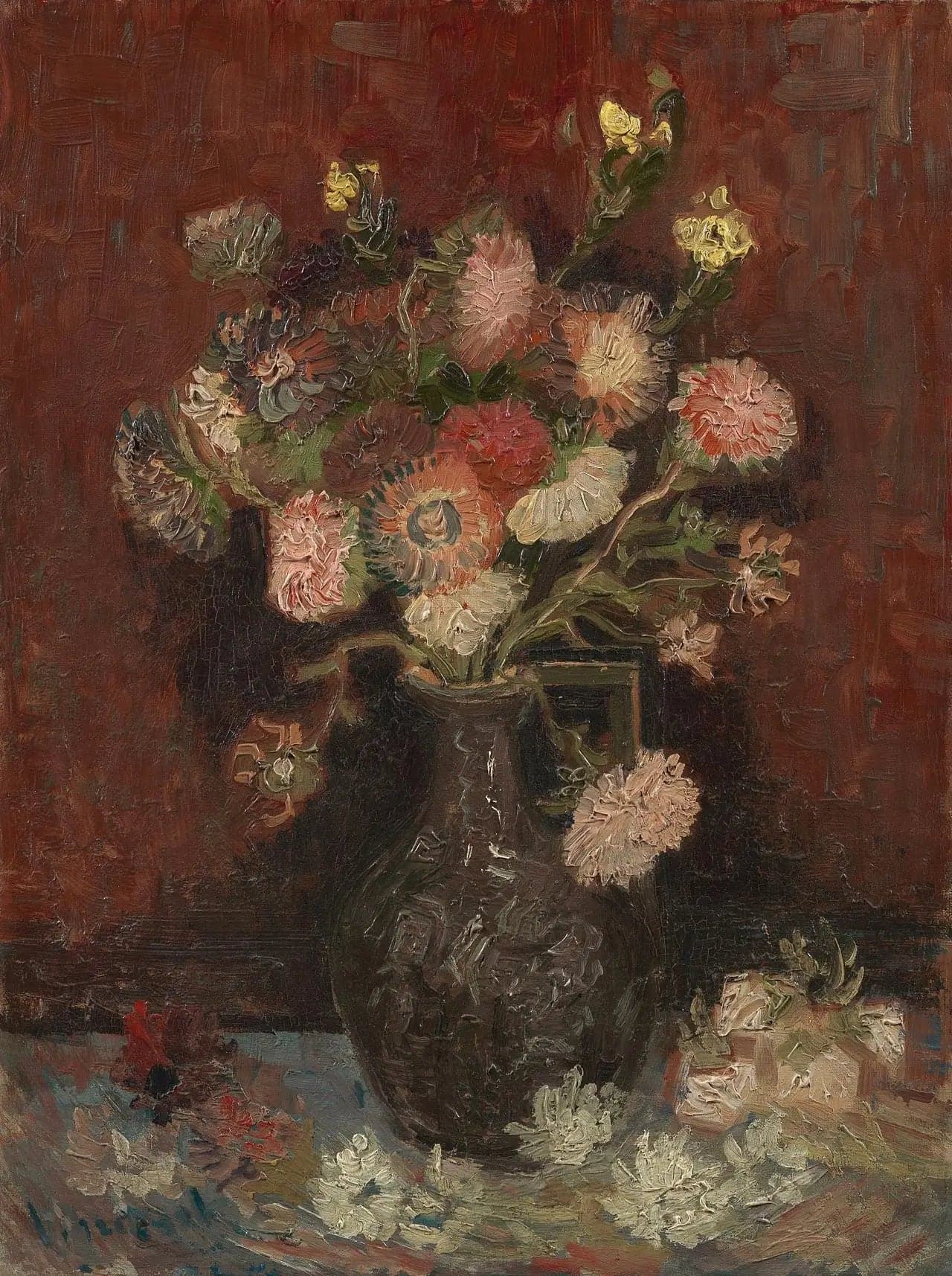 Vase with Chinese asters and gladioli