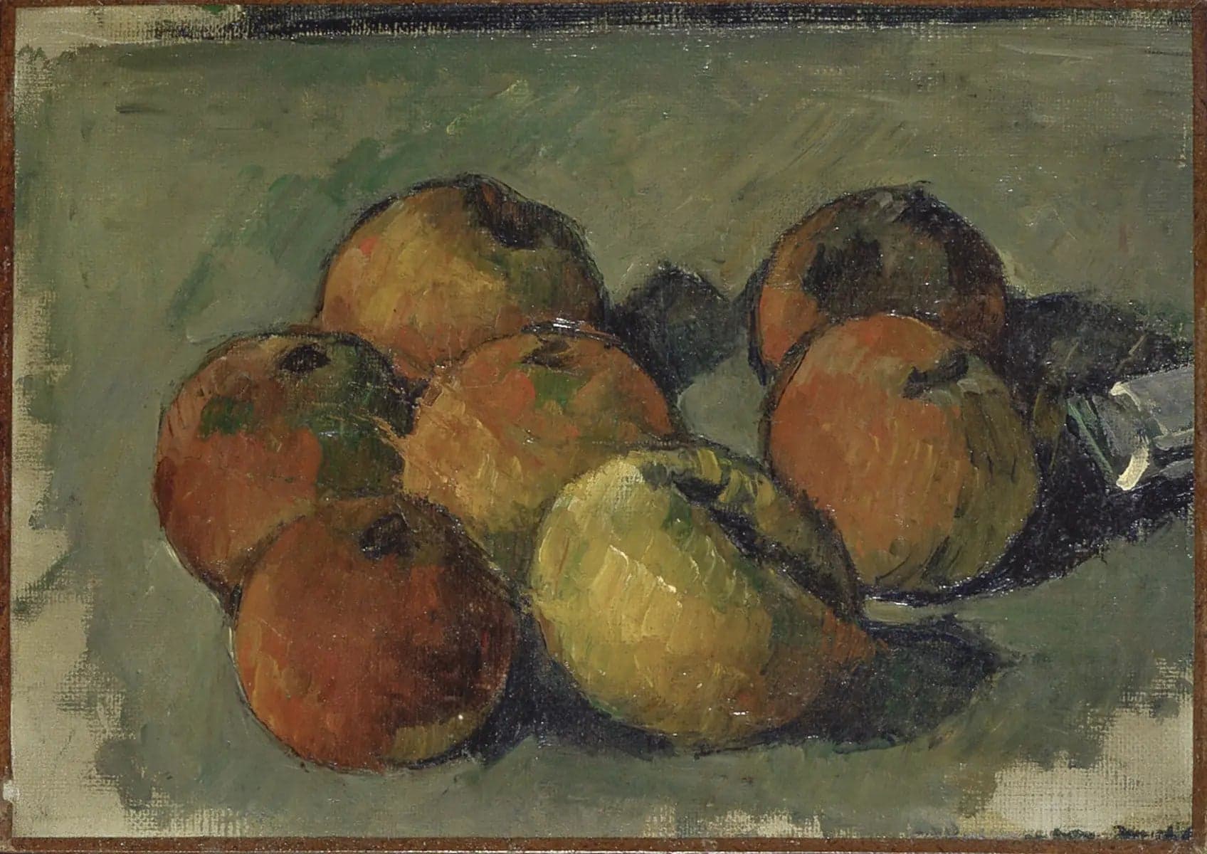 Still life with seven apples and paint tube