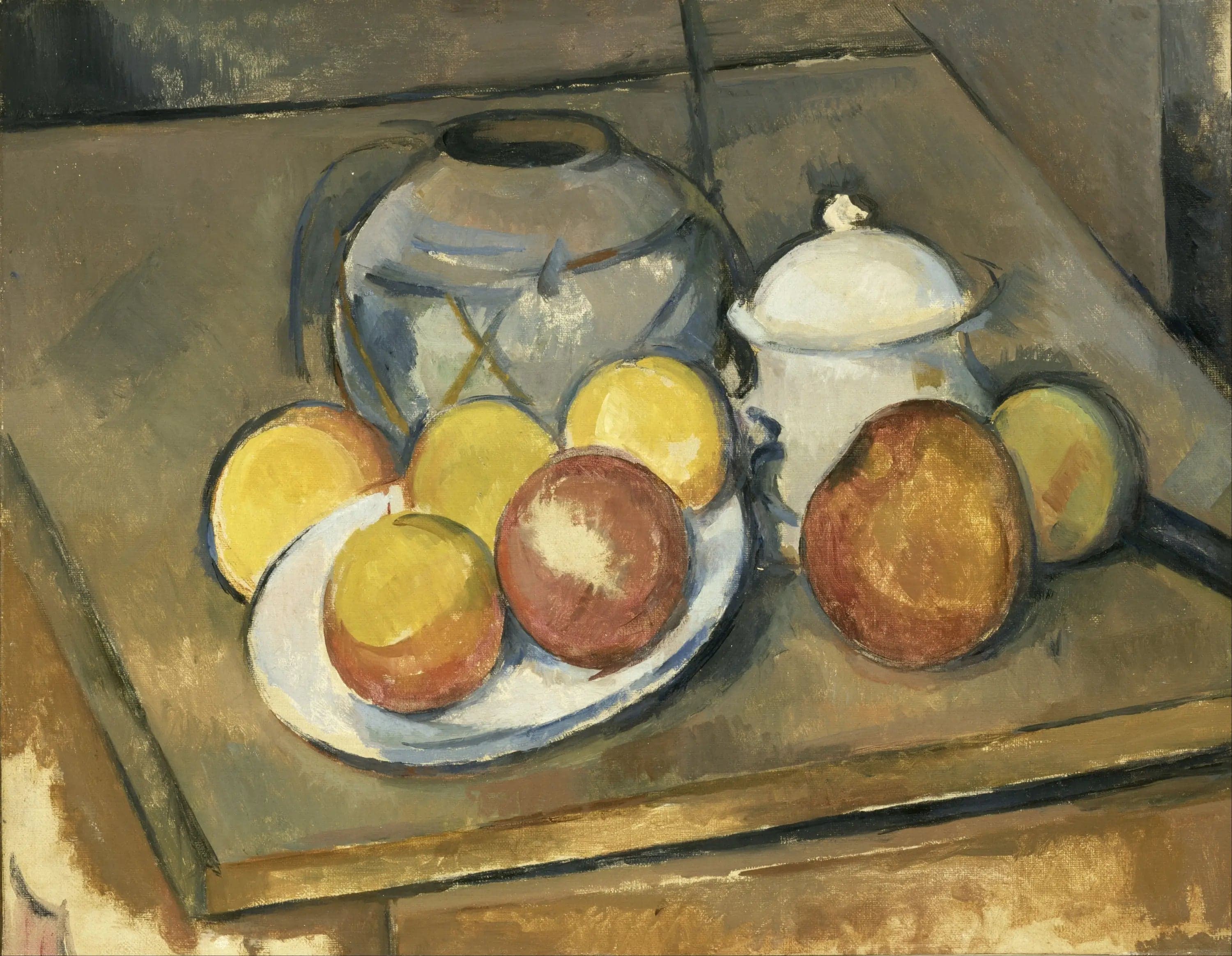 The straw vase, sugar bowl and apples