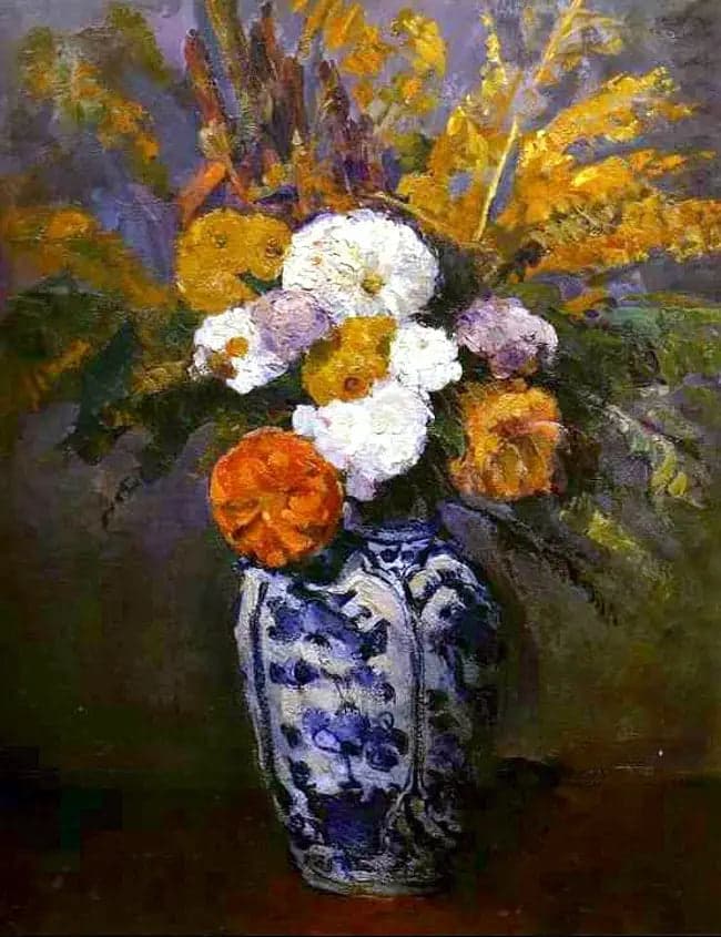 Dahlias in a large Delft vase