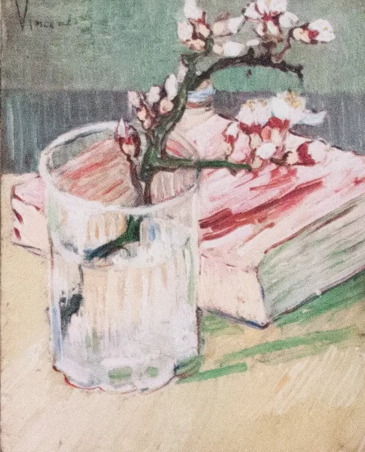 Almond branch in bloom in a glass with a book