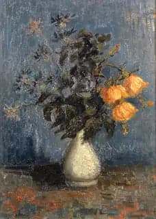 White vase with roses and other flowers