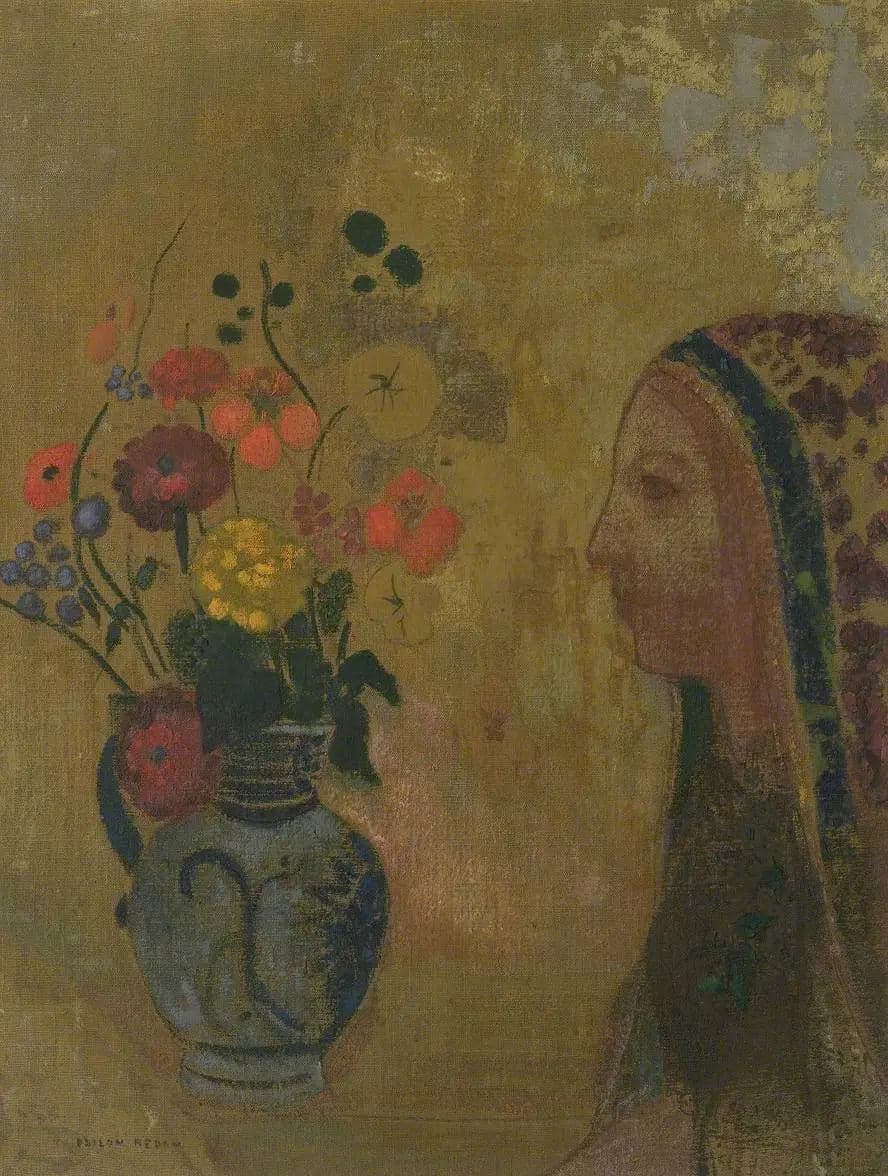 Woman's profile with flower vase