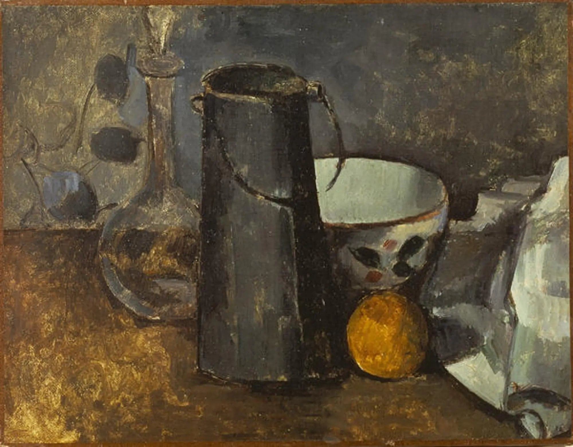 Carafe, milk box, bowl and orange