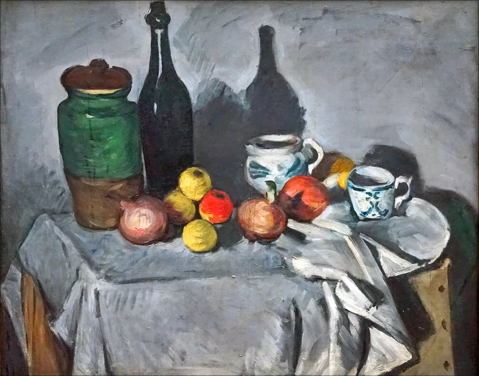 Pots, bottle, cup and fruits
