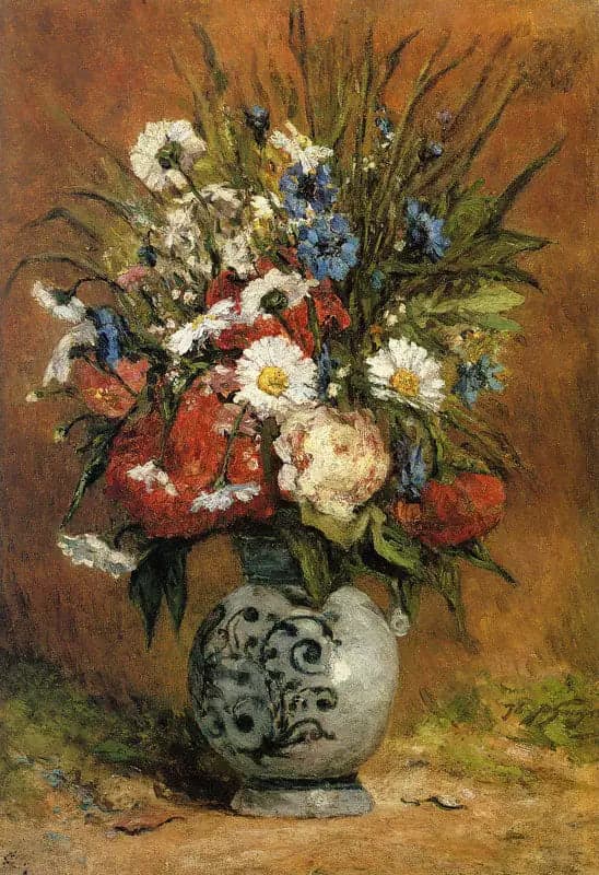 Daisies and Peonies in a Blue Vase