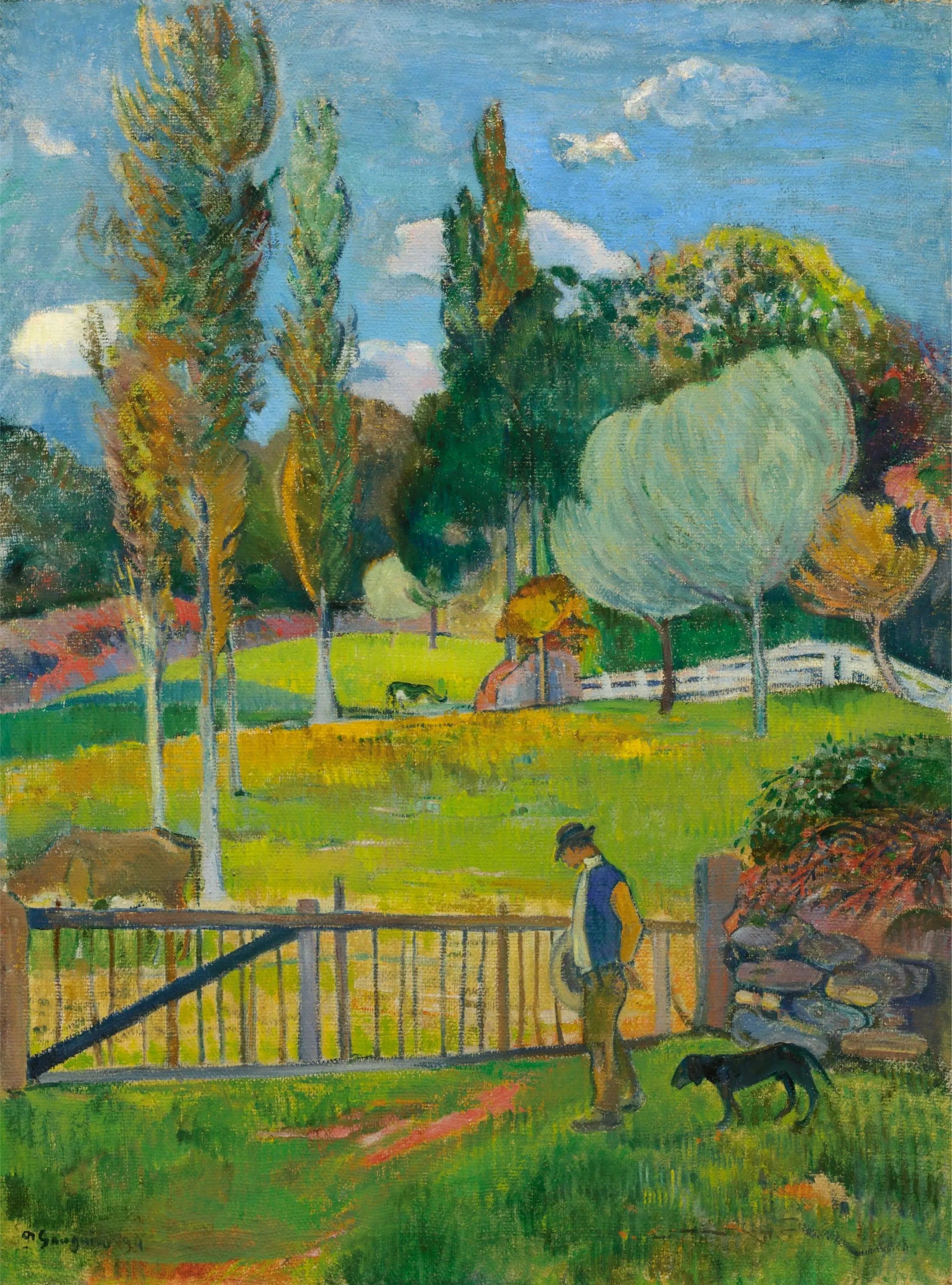Peasant and his dog near a fence