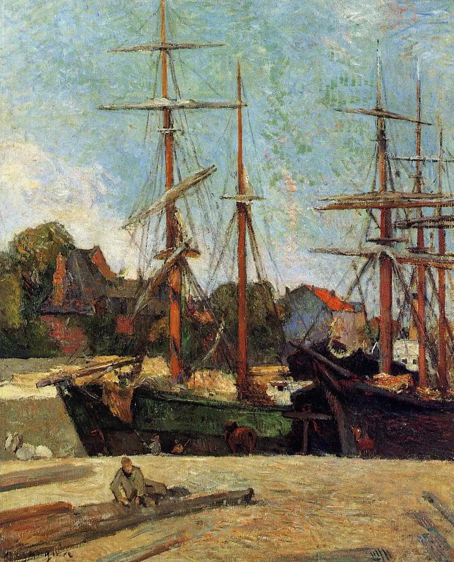 Schooner and Three-Masted Ship at Dock, or Boats in the Harbor