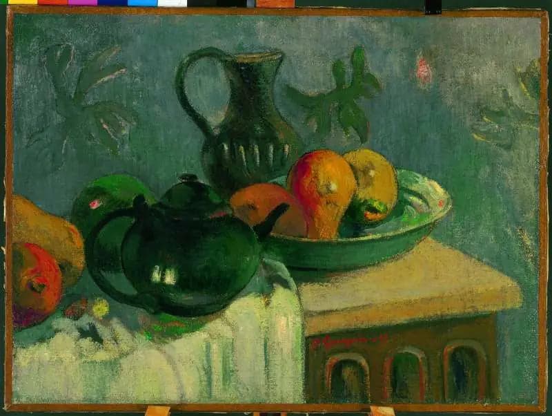 Teapot, jug, and fruits