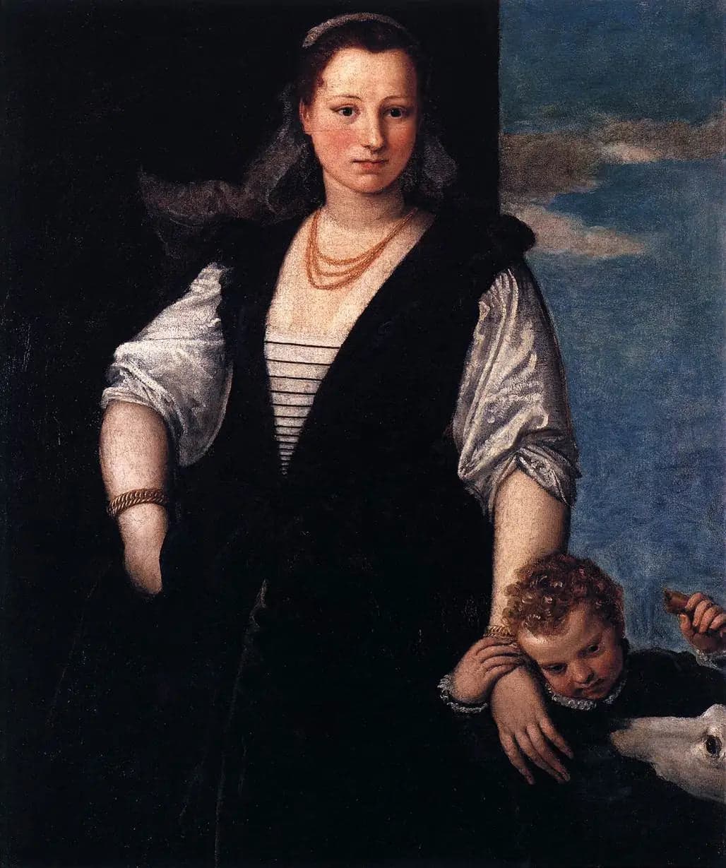 Portrait of a woman with a child and a dog