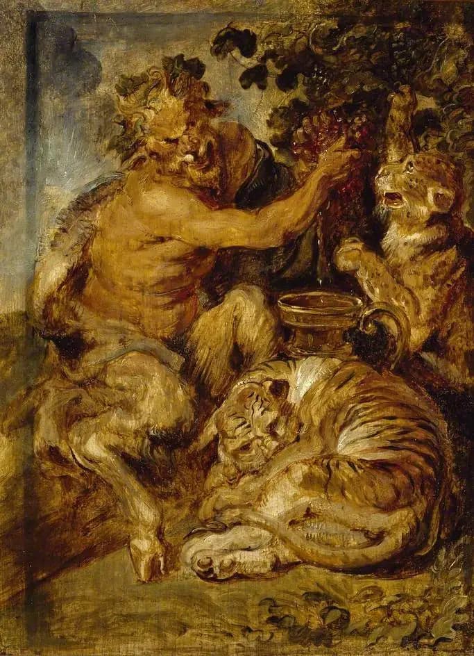 A satyr pressing grapes with a tiger and a leopard
