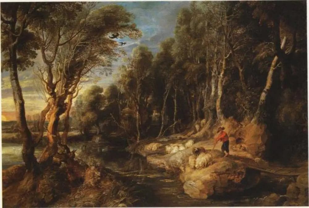 A shepherd with his flock in a wooded landscape
