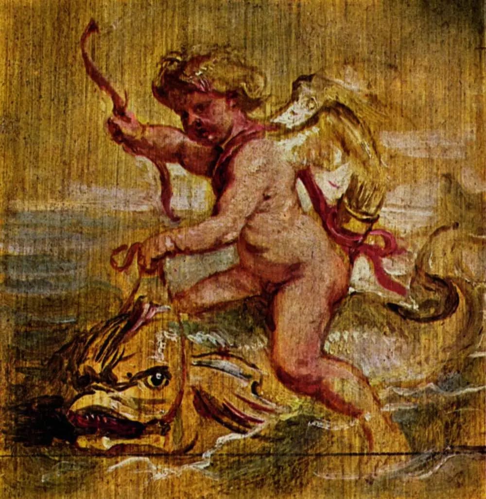Cupid riding a dolphin