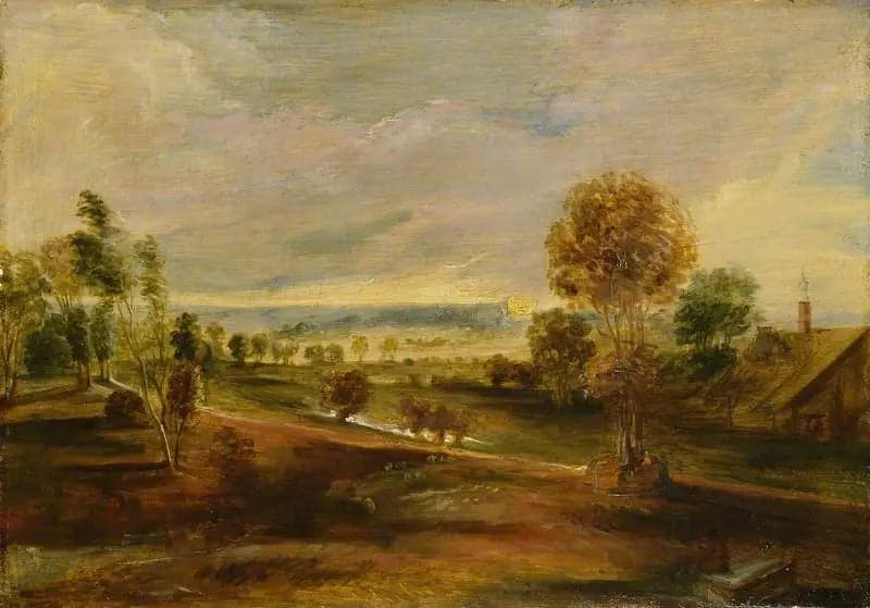 Landscape with Agricultural Buildings at Sunset