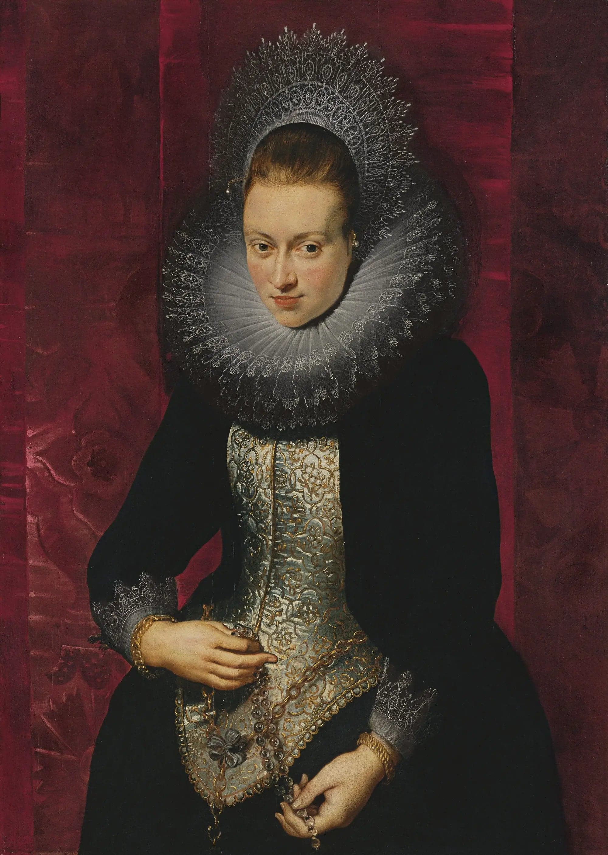 Portrait of a young woman with a rosary