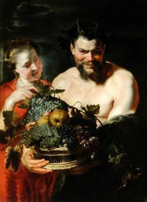 Satyr and a girl with a basket of fruits