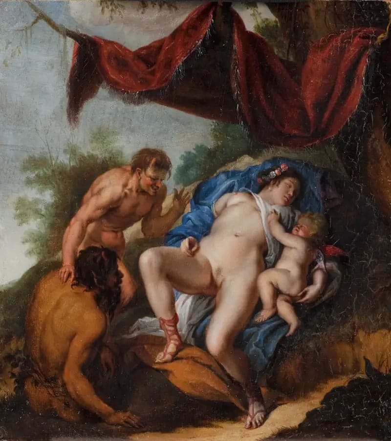 Sleeping Venus with Cupid observed by satyrs