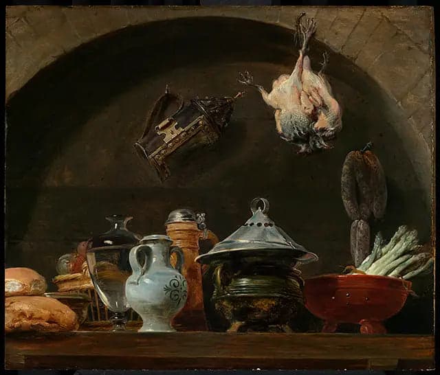 Still life with various pottery, bread, a lamp, and feathered poultry in a niche
