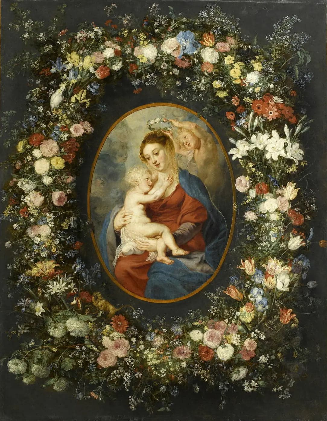 The Virgin, Child Jesus, and an Angel in the Middle of a Garland of Flowers