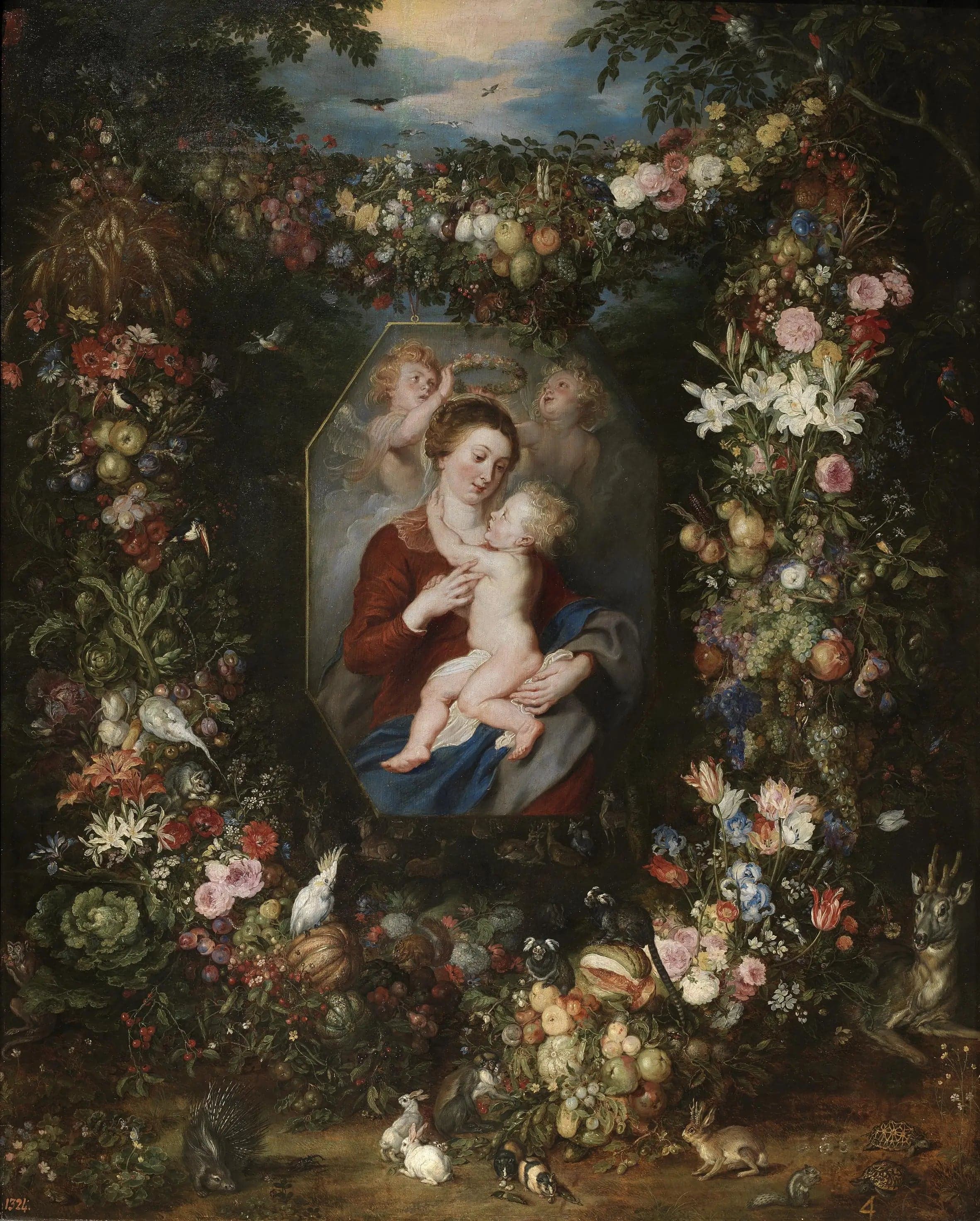 The Virgin and Child in a painting surrounded by fruits and flowers
