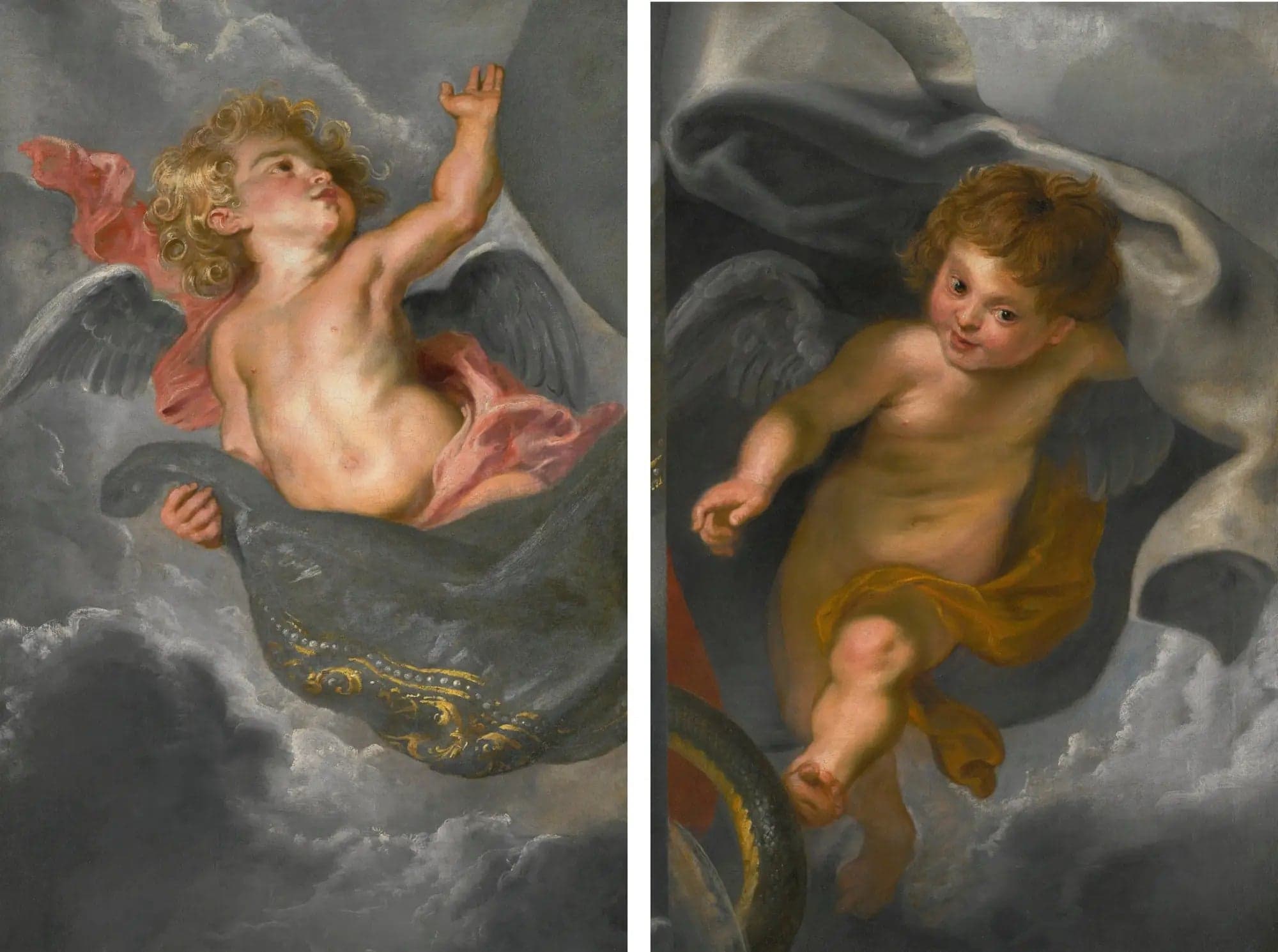 Two cherubs holding draperies