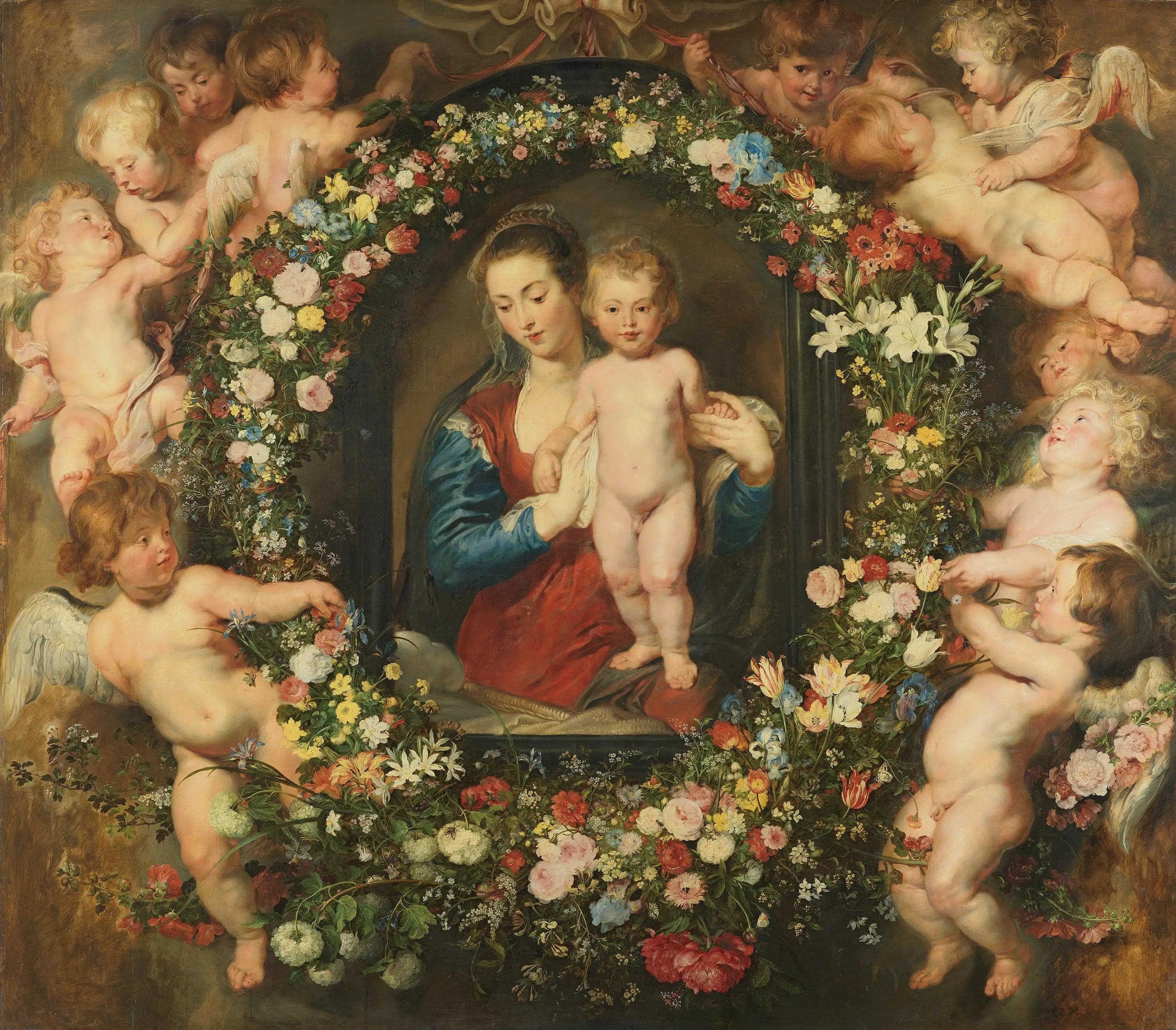 Virgin and Child surrounded by a garland of flowers.