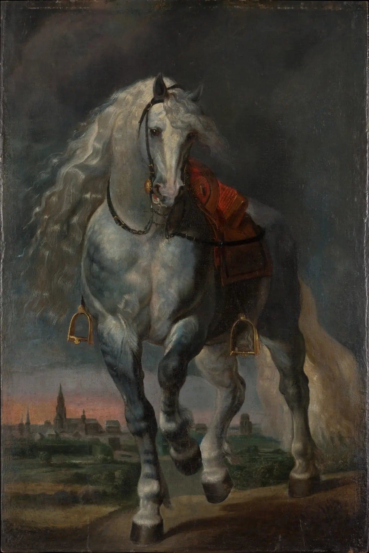 White horse trotting on a flat landscape in front of a city